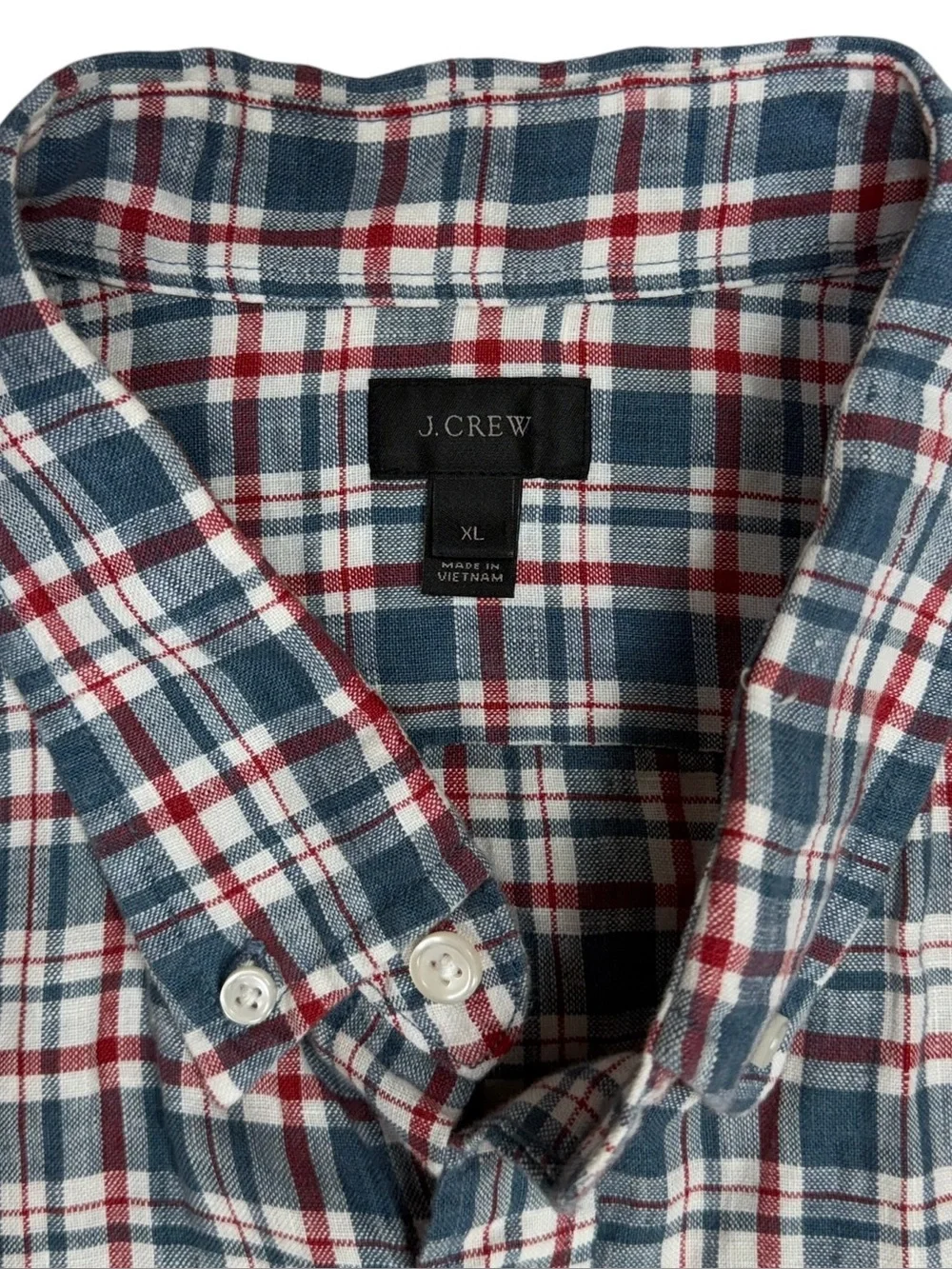J Crew Baird McNutt Irish Linen Shirt Mens XL Blue Red Plaid Short Sleeve Button